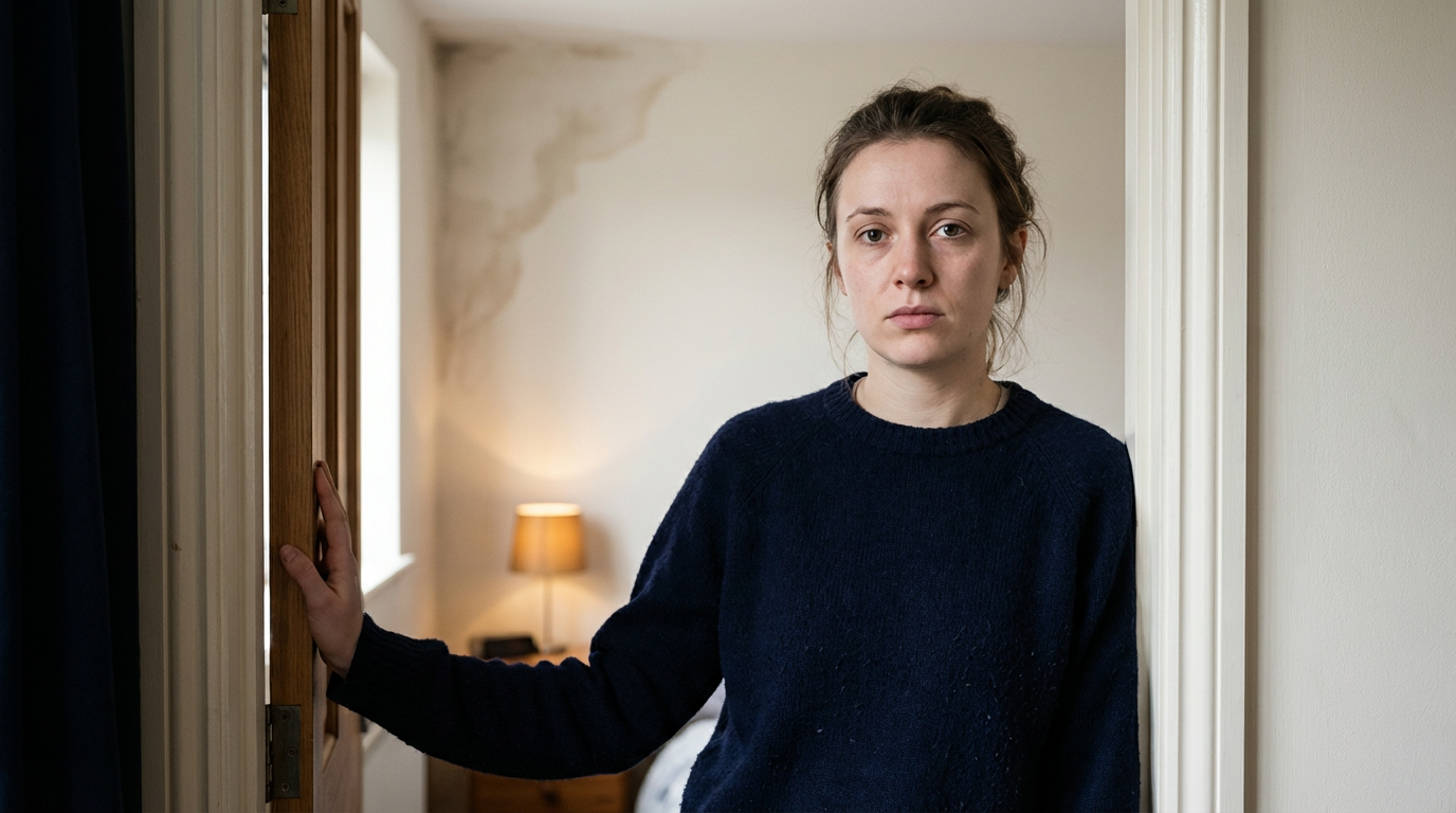 Tenant in a damp home, holding a Disrepair Report